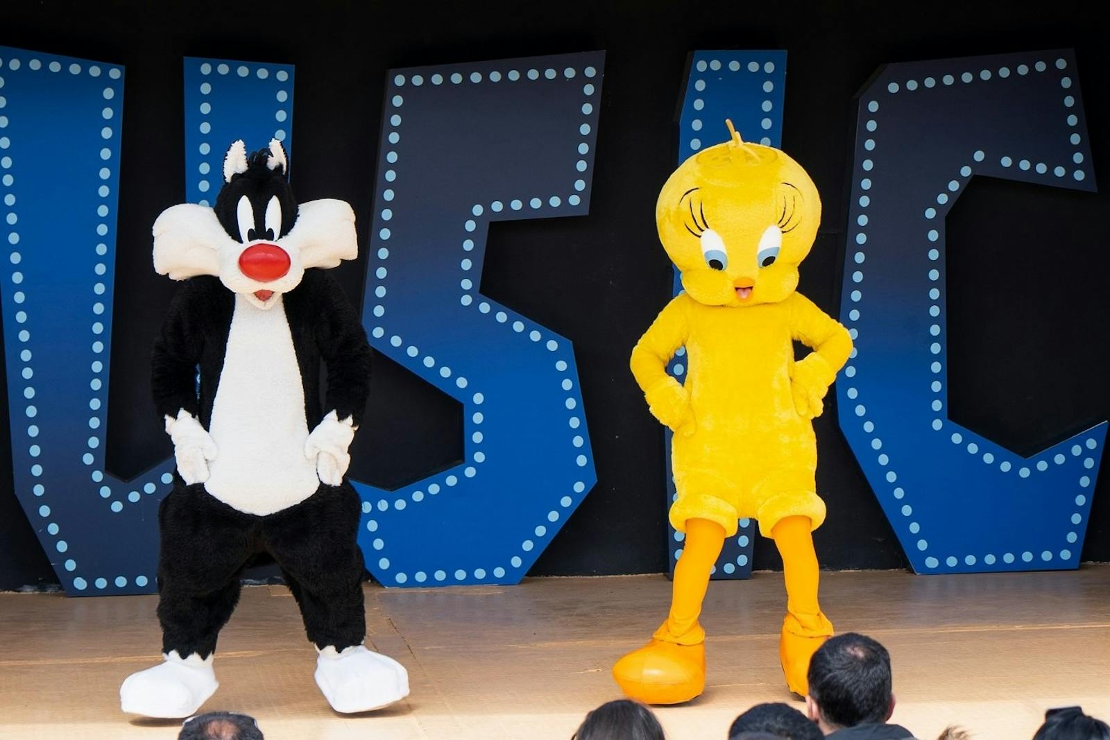 Parque Warnerのステージにいるルーニー・テューンズのキャラクターたち